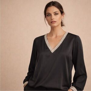 Generation Love Black Rhinestone Trim V-Neck Blouse – Women’s Size M